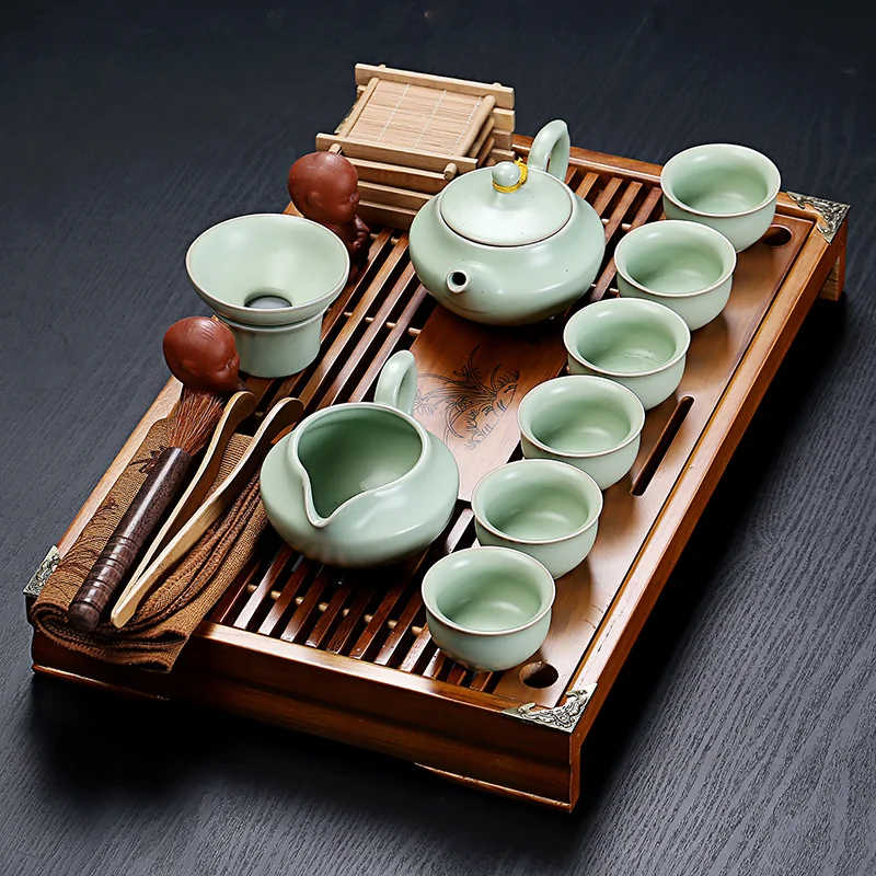 

Chinese Green Tea Set Ceremony Wooden Tray Teapot Gaiwan Kung Fu Puer Tea Cup Set Kitchen Utensils Juego Te Porcelana Teaware