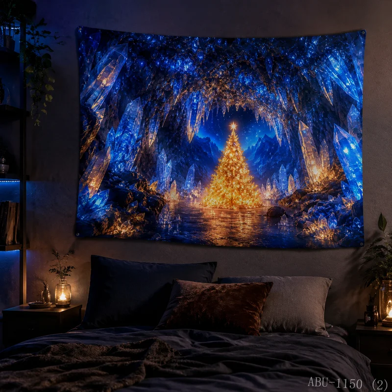 VIKAMA Aurora Snowy Stream Elk Christmas Tree Christmas Tapestry, High-Def Background, Peaceful Festival Atmosphere
