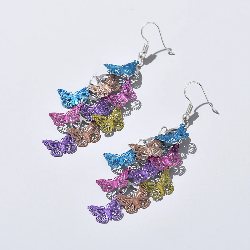 Vintage Layered Colorful Flying Butterfly Drop Earrings For Women Silver Color Lightweight Long Dangle Earrings Pendientes Mujer