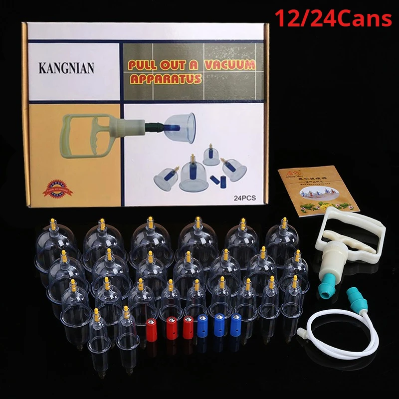 12/24-teiliges Glas-Vakuum-Schröpftherapie-Set mit Handpumpe, Anti-Cellulite-Massage-Werkzeug zur Linderung von Rückenschulter- und Beinschmerzen