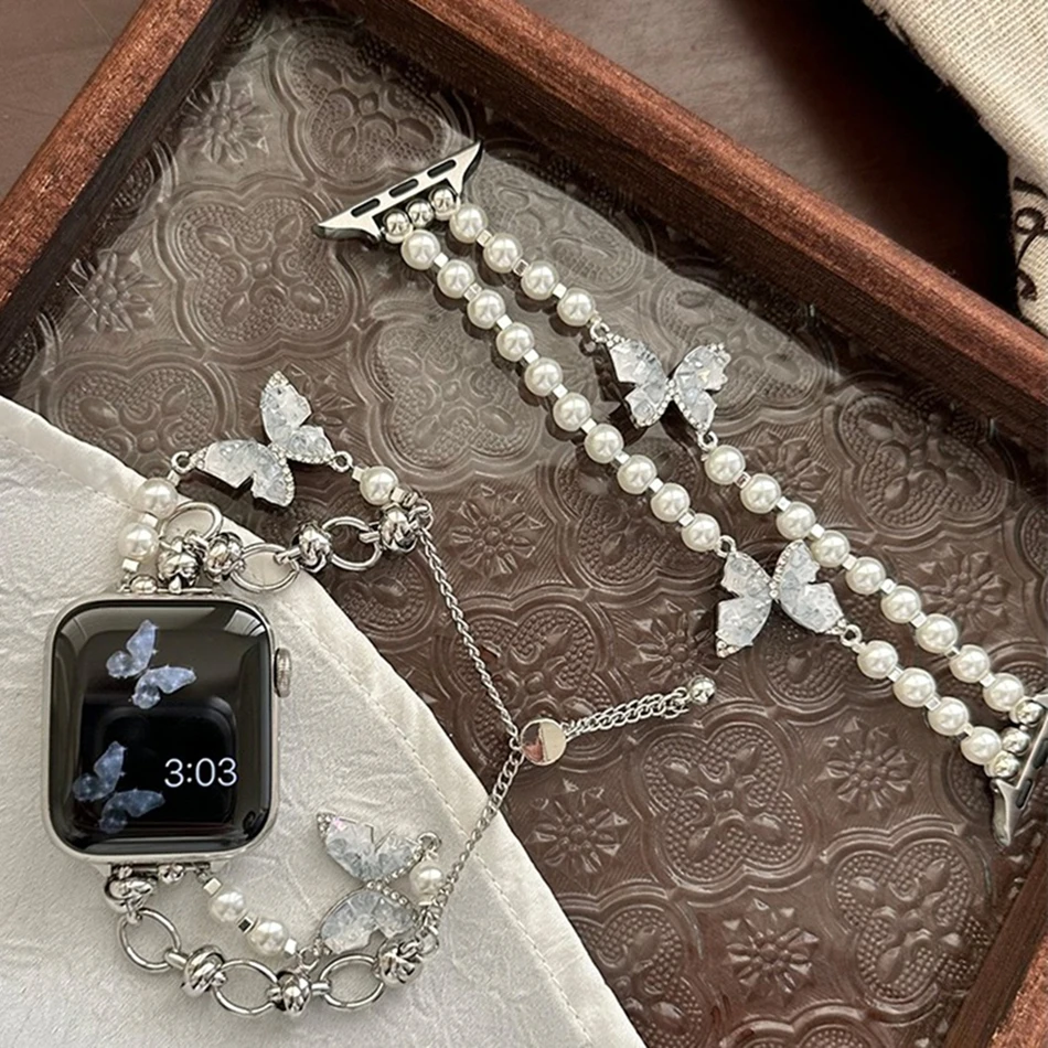 Luxuriöses Kristall-Schmetterlingsarmband für Apple Watch Band S11/10/9/8/7/SE/6/5/Ultra 3 Uhr 49/46/45/44/42/41/40/38 mm Perlenarmband – Detail 7