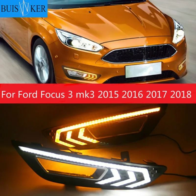 

2 шт. для Ford Focus 3 mk3 2015 2016 2017 2018 светодиодные DRL дневные ходовые огни дневного света с желтым сигналом противотуманные фары