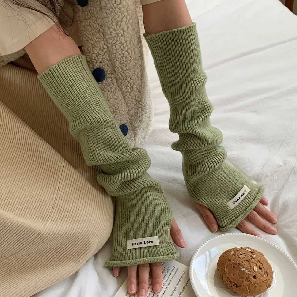 Guantes de brazo de lana de Color sólido con agujeros, mangas cálidas tejidas de estilo coreano transpirable, cubiertas de brazo cálidas elásticas Y2k, accesorios de ropa