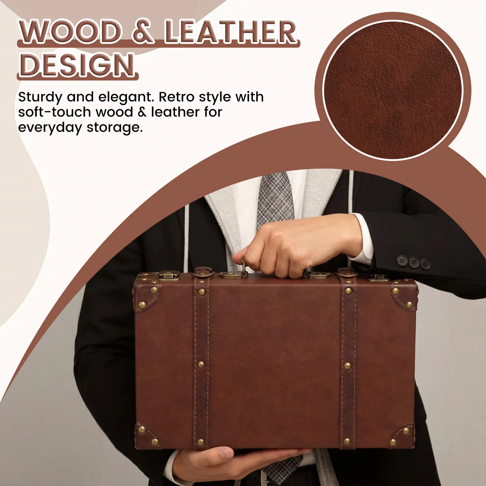 Vintage Leather Suitcase Wooden Storage Carrying Case Portable Luggage Trunk Handbag Jewelry Box Decorative Photography Prop Box