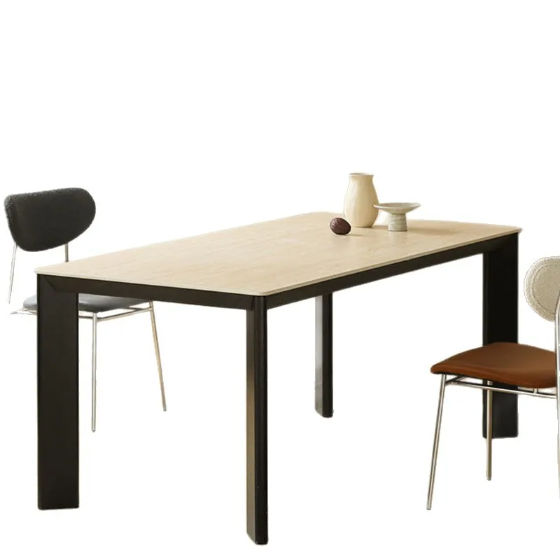Mesa de comedor de losa de roca de travertino, mesa retro de fresno de viento, mesa de comedor de madera maciza gruesa de arroz rectangular simple