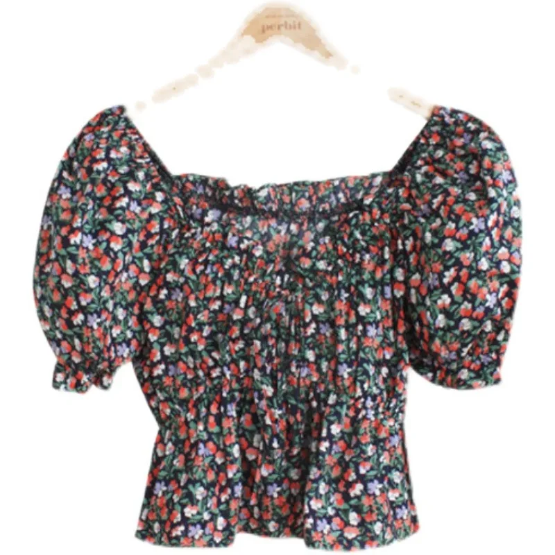 Korean Chic Summer 2024 New Fashion Floral Print Blouse Short Tops Women Short Puff Sleeve Square Collar Shirt Clothes 8108