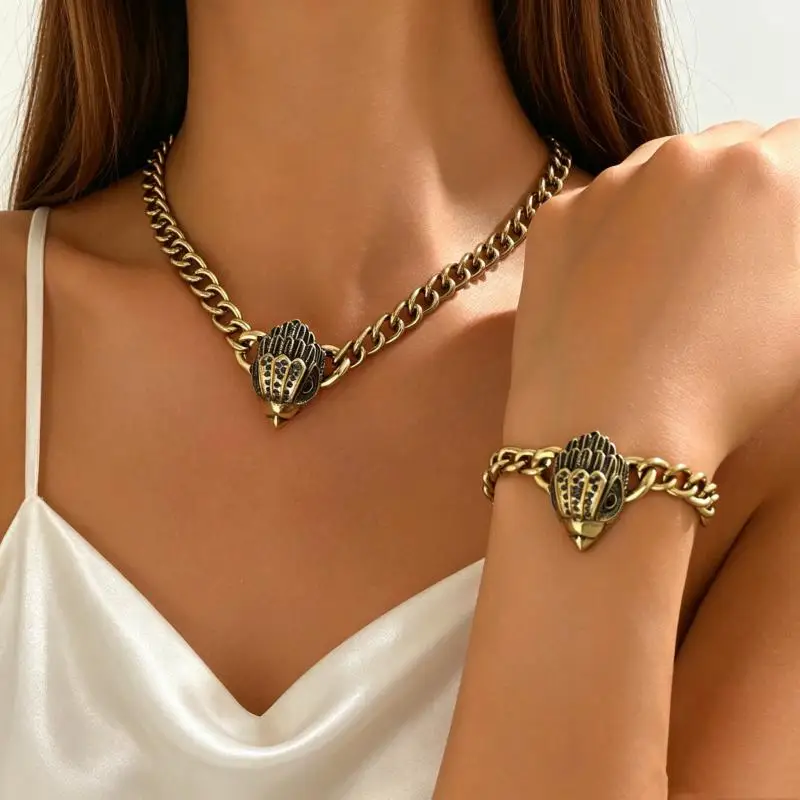 2Pcs Antique Gold Punk Eagle Head Statement Jewelry Set for Women Street Wear Holiday Gift Choice