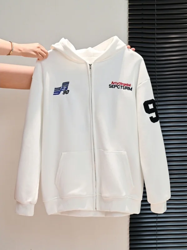 Thickened Embroidered Hooded Open Cardigan Sweatshirt Women's Autumn Winter Sport Zipper Jacket High Street American Retro Style