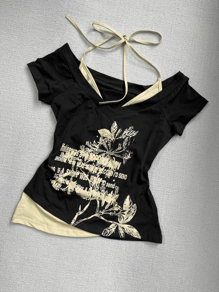 2000s escuro gótico americano vintage impressão t camisas y2k subcultura sexy falso duas peças magro manga curta camisetas harajuku casual topos