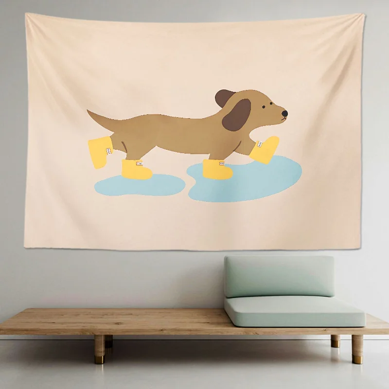 VIKAMA Cute Dachshund Dog Rain Boots Tapestry Wall Hanging Minimalist Cartoon Puppy Pastel Aesthetic Wall Art Bedroom Decor