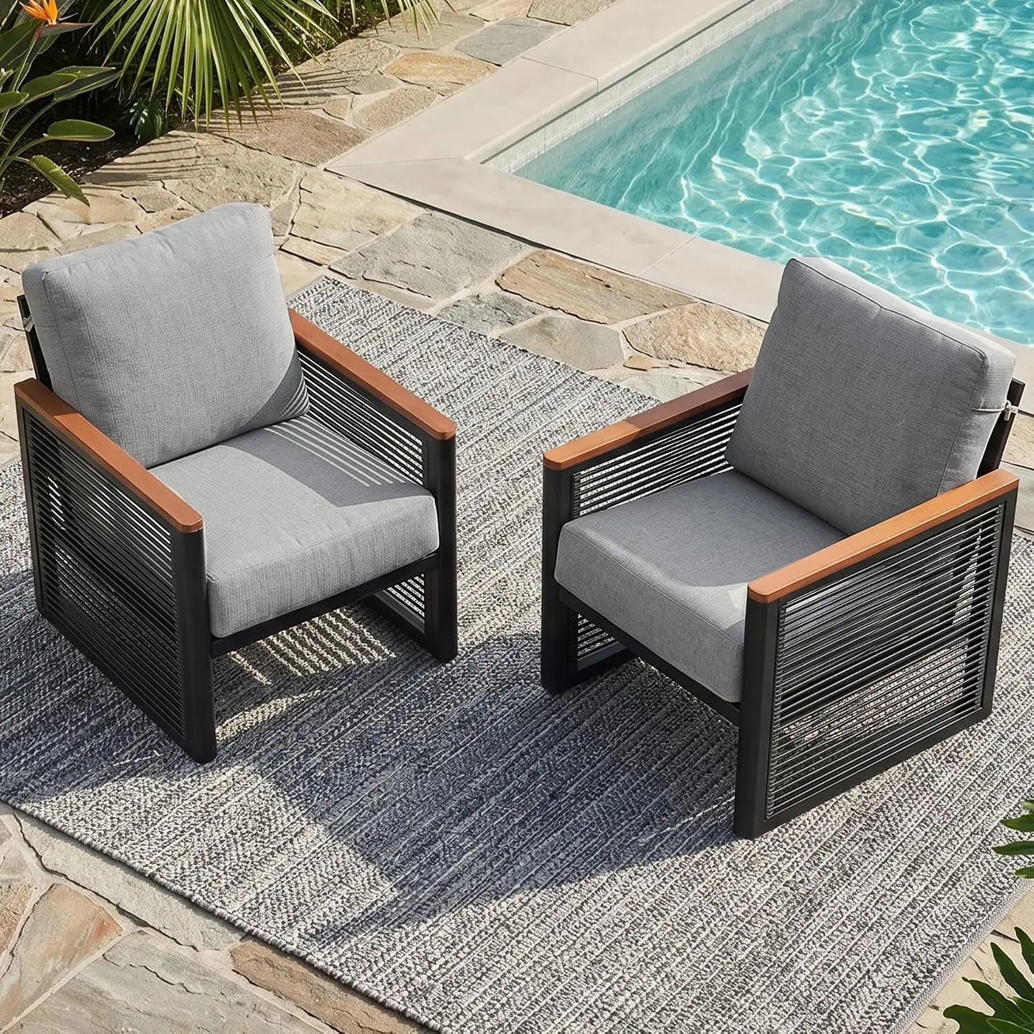 Aluminum Patio Chair 2-Pack with Rattan Arm & 6