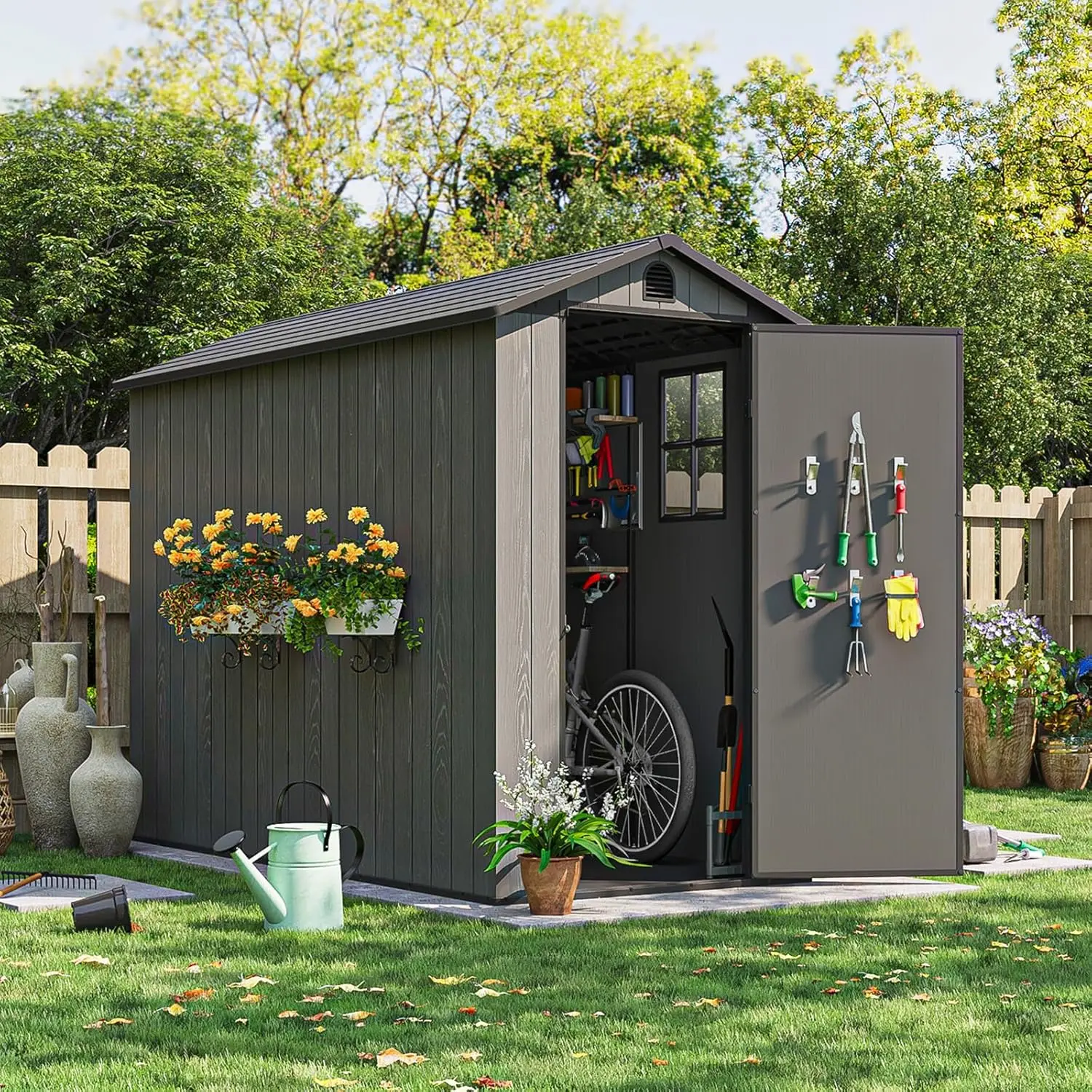 4x8 FT Plastic Outdoor Storage Shed with Floor, Resin Outside Shed with Windows and Lockable Door for Backyard Garden Patio Lawn