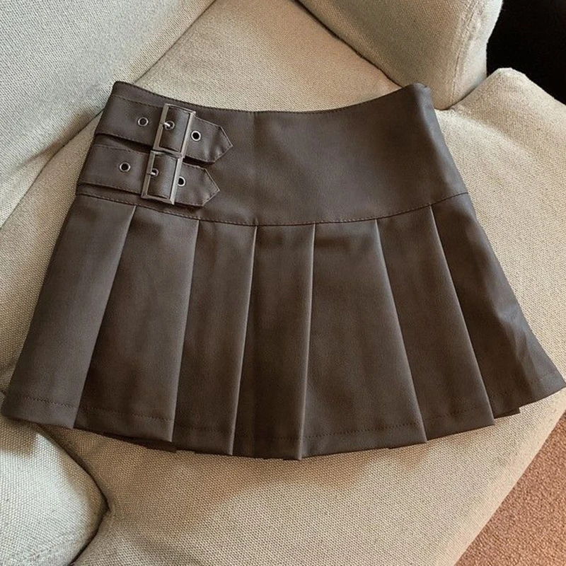 Y2K Pu Leather Mini Skirts Women Streetwear 2025 Double Buckle Pleated Skirt for Ladies Vintage Korean Slim A Line Skirts Mujer