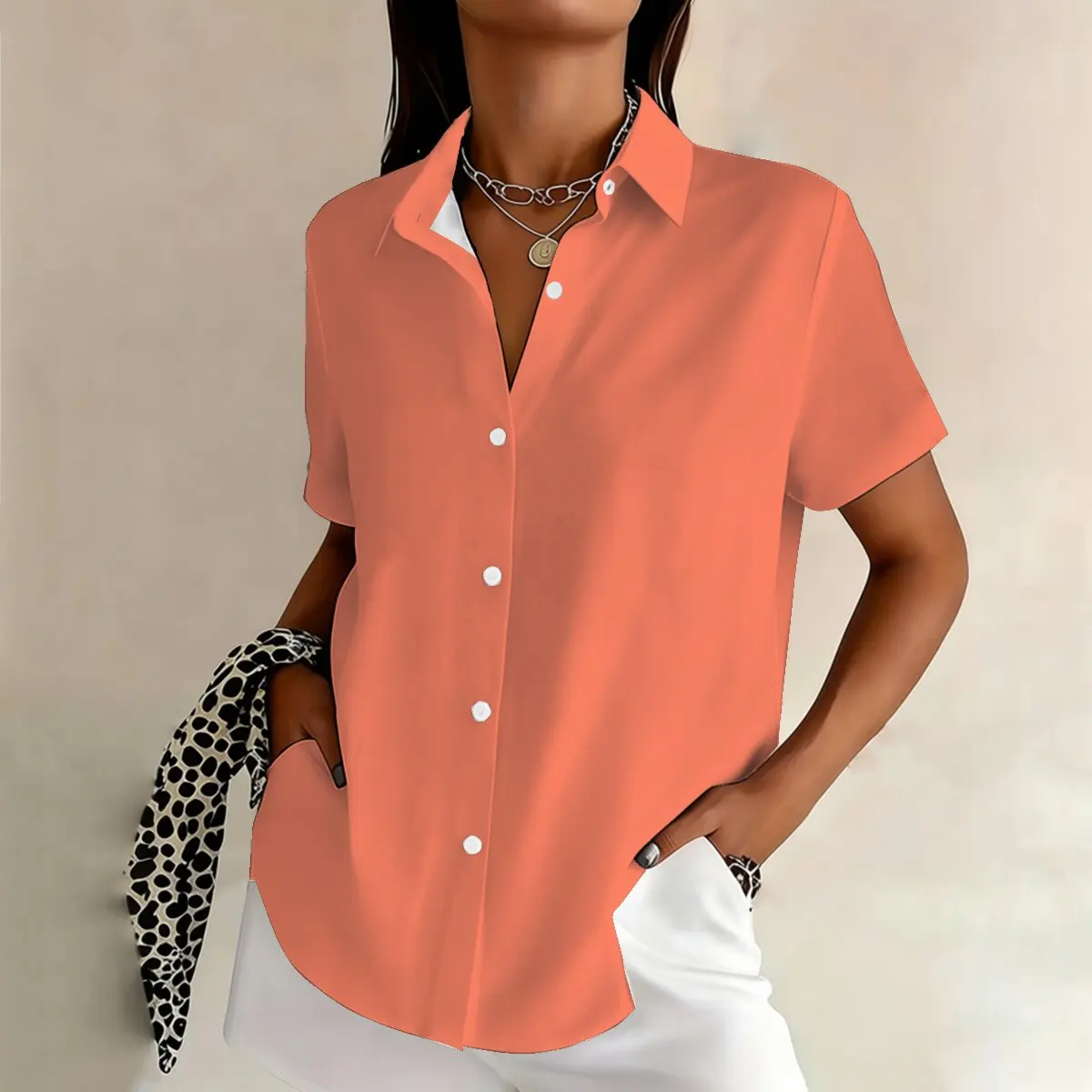 

Women's plus-size short-sleeve shirt, fresh and simple tones, gentle commuting style, summer casual and versatile fashion.