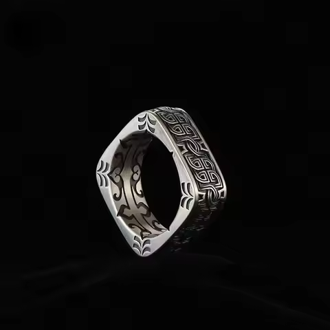 HX Silver Color Men's Ring Retro Square Round Pangu Trend Personality Domineering Handmade Ring Jewelry Accessories