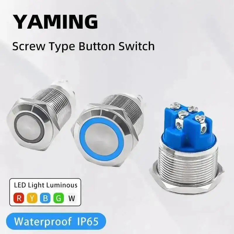Screw Foot Type 16/19/22mm DIY Push Button Switch Waterproof Reset Self-locking Small Round Lighted Metal Shell