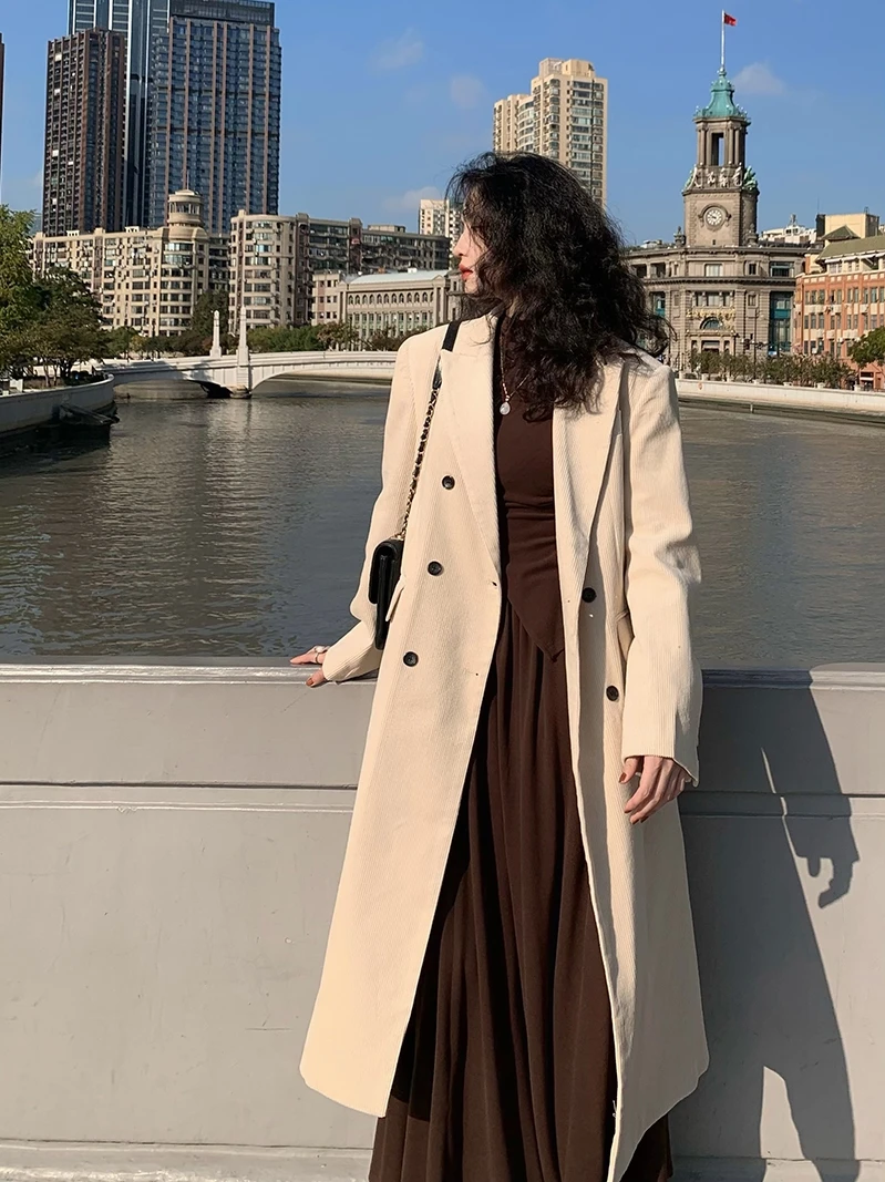 

Warm Cotton Blend Outerwear Vintage Sle Long Over-Knee Women's Coat Autumn Winter Corduroy Slimming Mid-Length Korean Sle