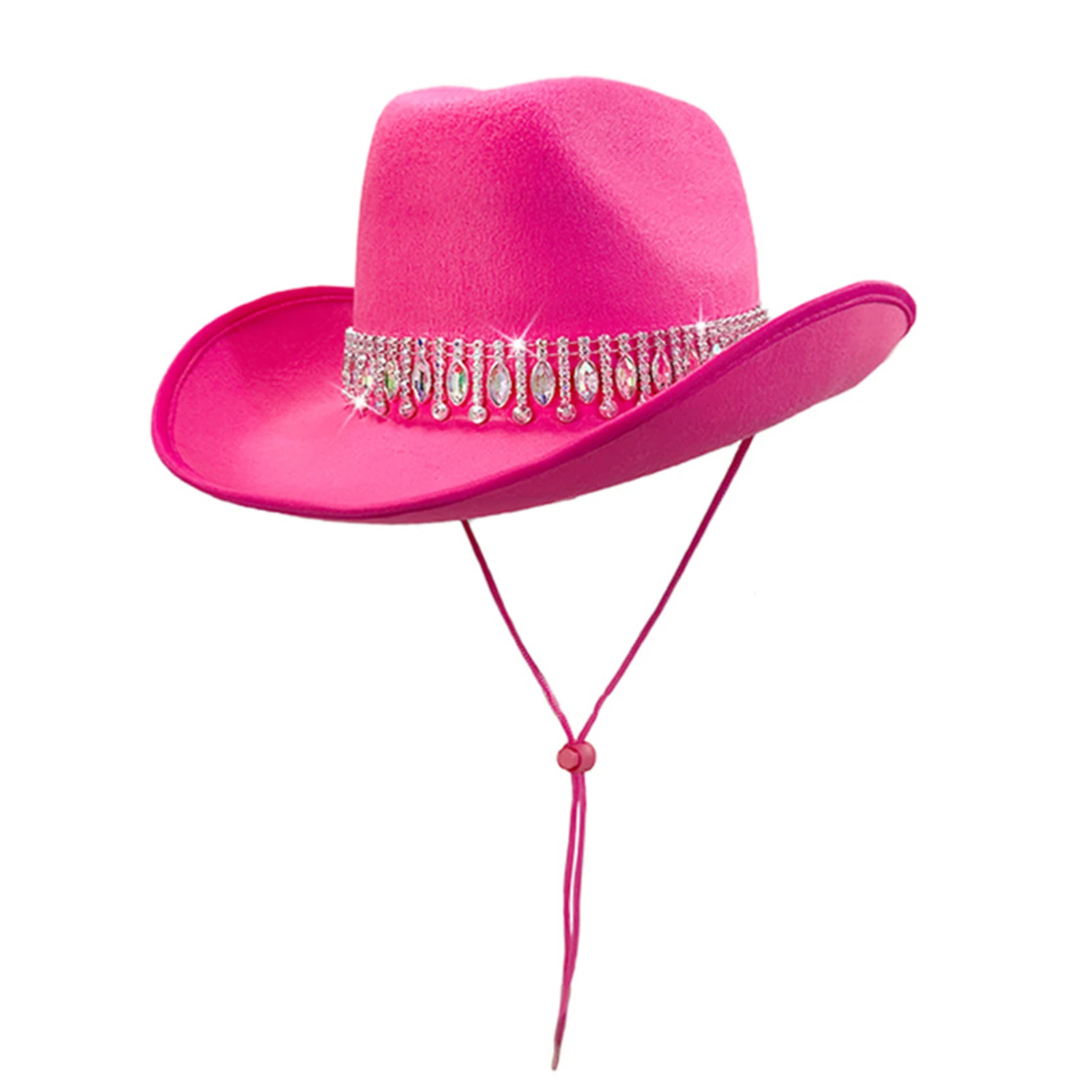 

Felt Wide Brim Cowboy Hat Shiny Iridescent Rhinestone Band Adjustable Chin Cord Unisex Party Hat for Night Halloween Cosplay