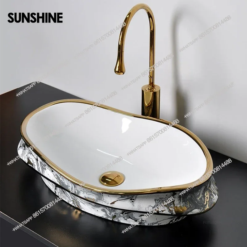 Wave Shaped Irregular Bathroom Sinks Countertop Sink Light Luxury Ceramic Single Basin Home Balcony Washbasin Bathroom Fixture B