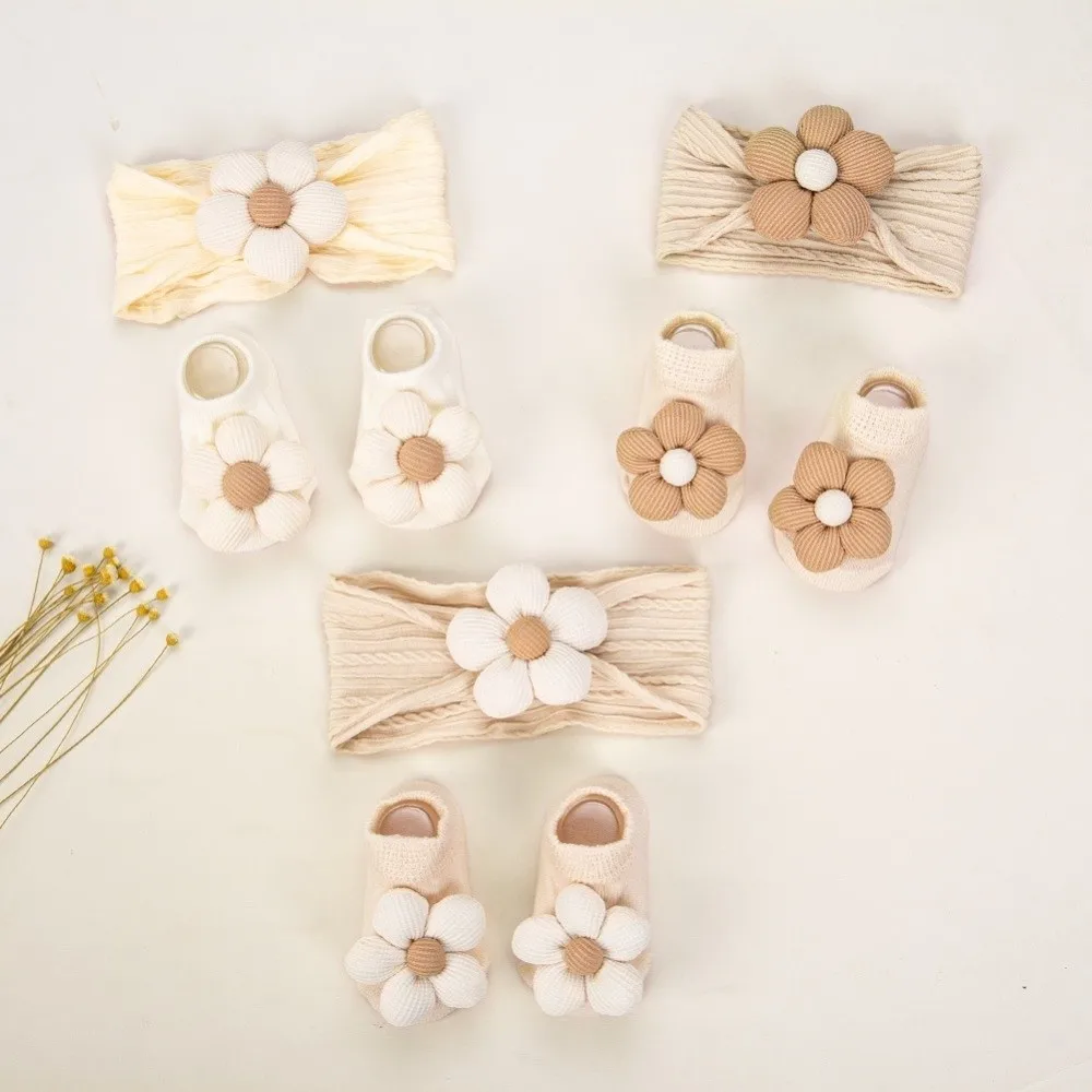 Stylish Soft Cotton Headband Socks Set Elastic Anti-Slip Sole Infant Flower Headband Soft Newborn Headband Socks For Newborn
