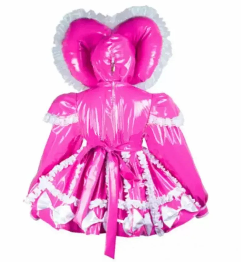 Sexy and lockable adult baby sissy pink PVC ruffled dress, maid role-playing customizable