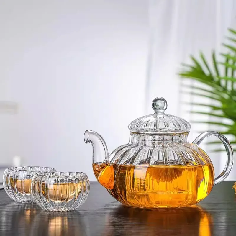 New Heat Resistant Glass Teapot Pumpkin Kettle Tea Infuser Filter High Borosilicate Chinese Teawear Flower Pot 600ml