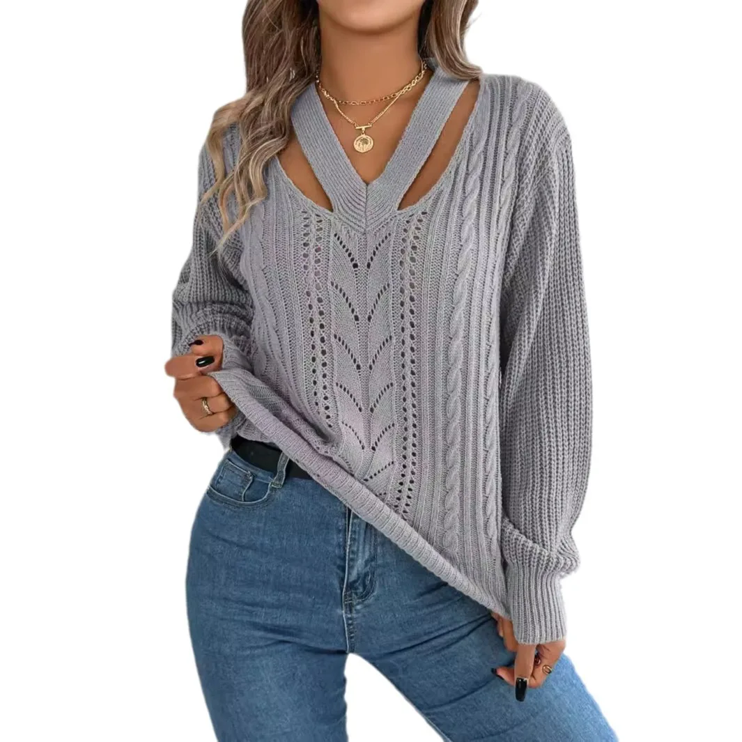 

Autumn Knitted Sweater V-Ne Hollow out Crew Ne Pullover Women's Faion Soft Acrylic Blend Regular Thin Knitwear