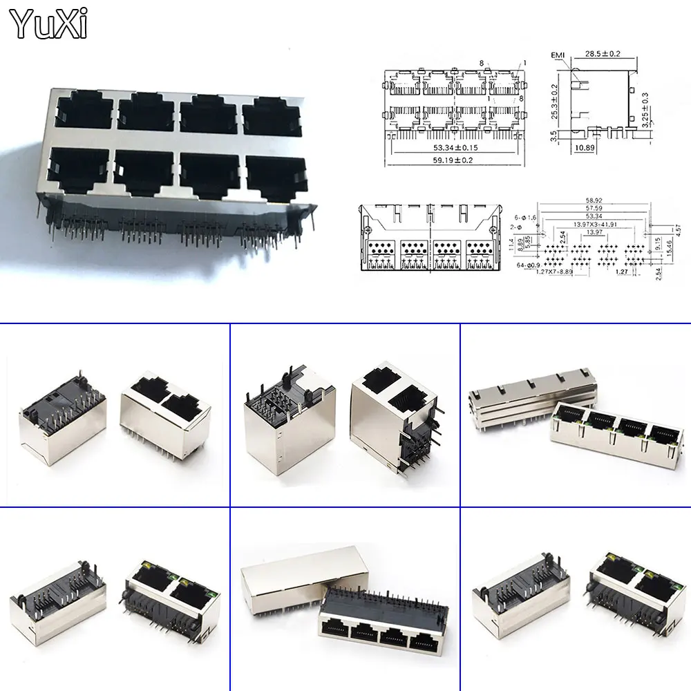 1Pcs RJ45 2/4/8 Port Shielded Modular PCB Led Jack 8P8C Right Angle Through Hole Pcb Network Connector SIDE ENTRY