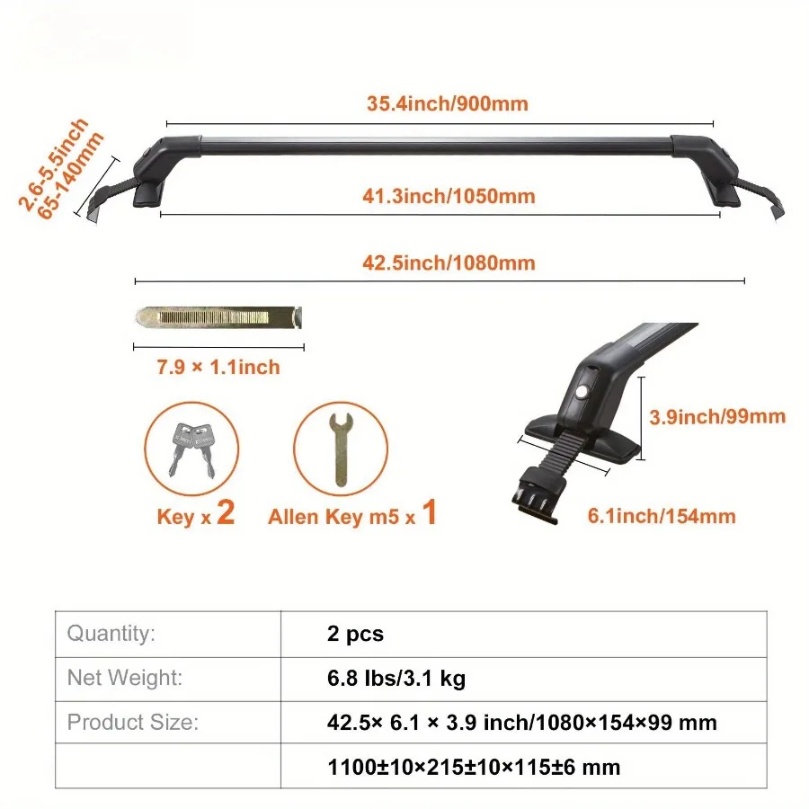 

2 шт. универсальные поперечины для багажника на крышу 41,3 алюминиевые подъемные боковые направляющие с зазором, емкость 155 фунтов, регулируемая с замками для внедорожников