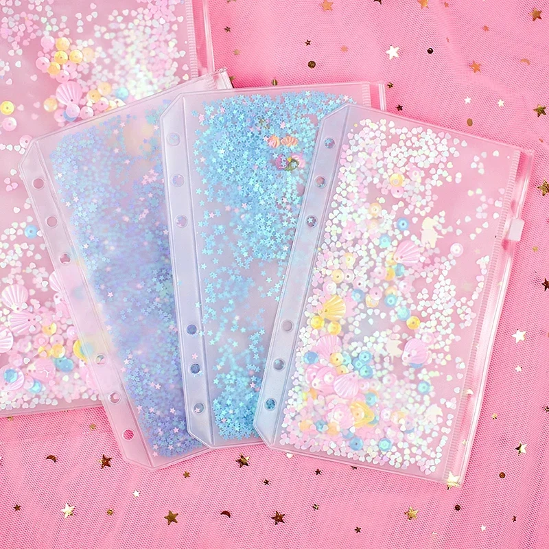 A5 a6 glitter lantejoulas binder bolso interno bonito 6 buracos solto folha saco com zíper kawaii caderno diário planejador de armazenamento interno