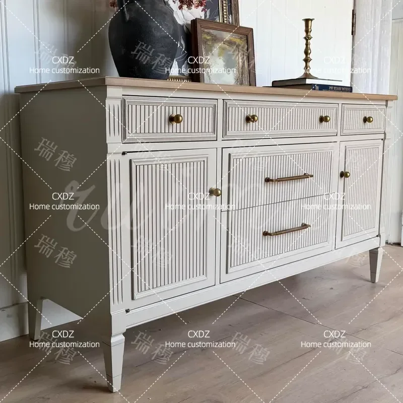 French Retro Solid Wood Bucket Cabinet Vertical Pattern Color Matching Storage Side Cabinet for Living Room Bedroom Small