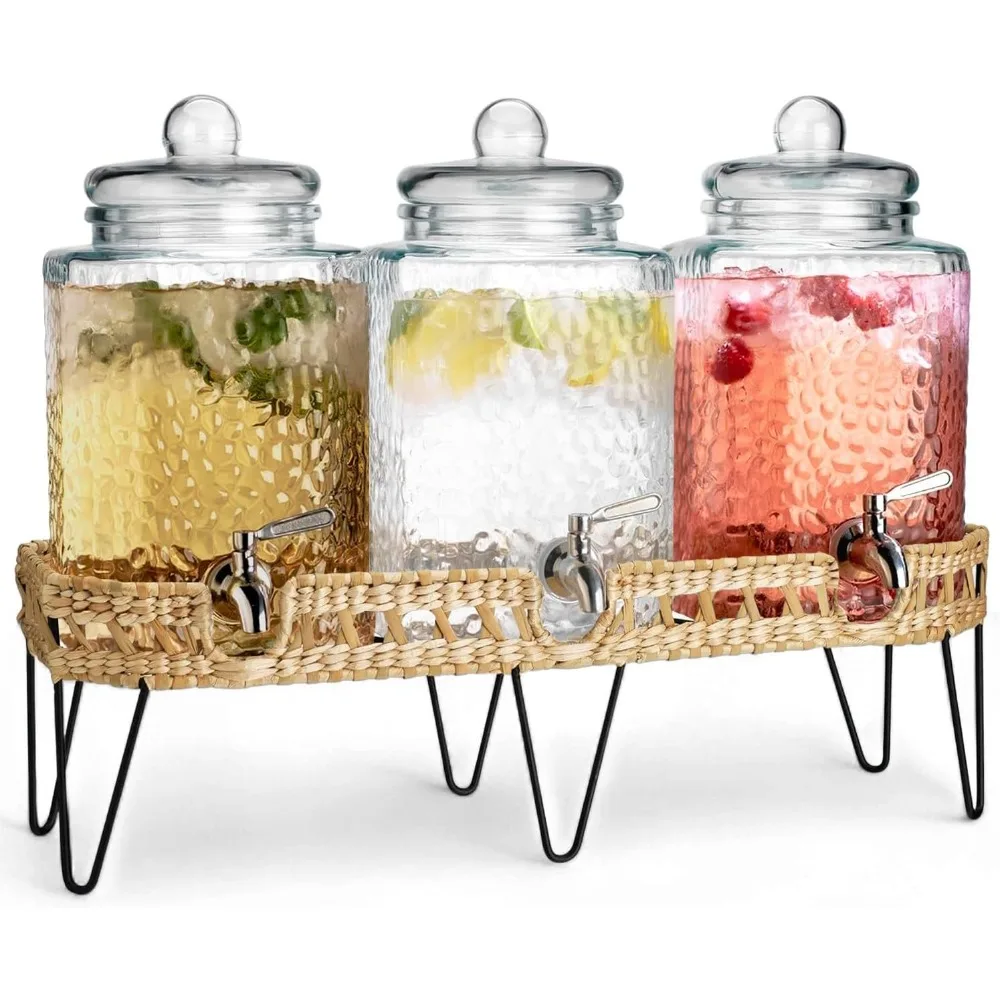 

1.5 gallon glass drink dispenser for parties 3 pack beverage dispensers with stand, glass water jug dispenser, with 18/8 stainle