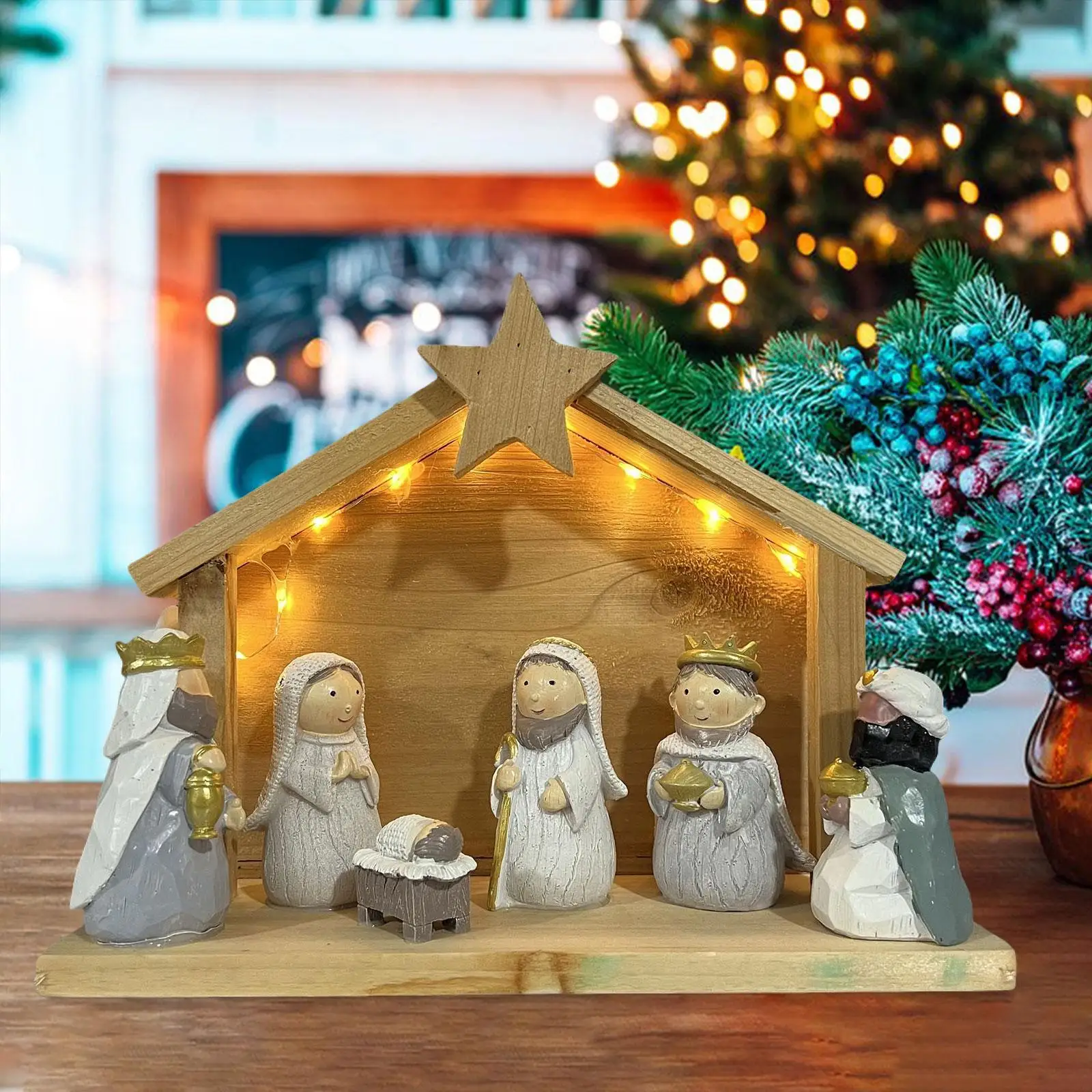 

Рождественская вертепная сцена, статуя со световым произведением искусства, подарок, скульптура из деревянной смолы для дома, книжная полка, кабинет, офис, гостиная