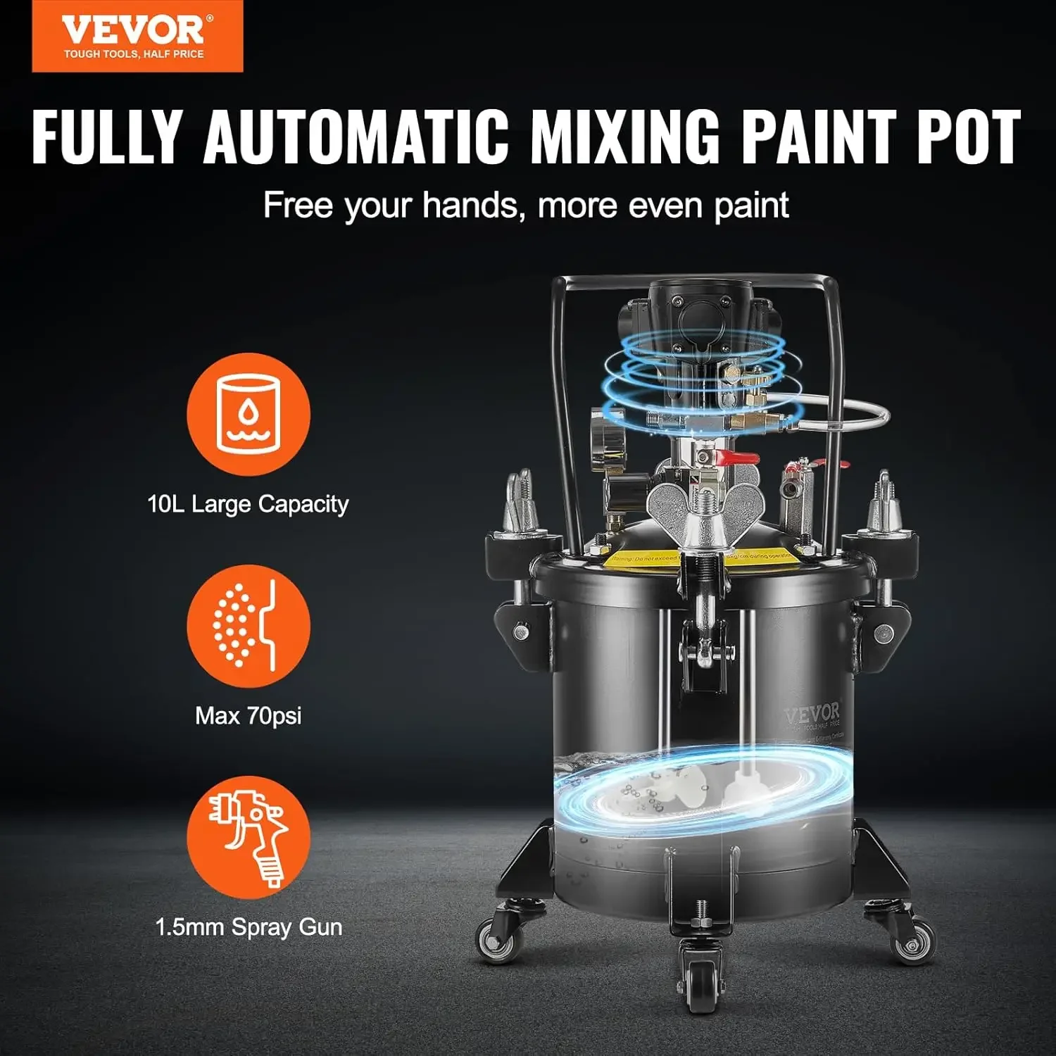 Spray Paint Pressure Pot, 10 L/2.5 gal Fully Automatic Stirring Pressure Pot Tank, 70 psi Adjustale Pressure, Pressure Pot Pain