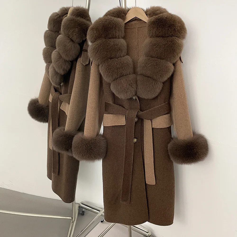 เสื้อโค้ทขนสัตว์ผสมสำหรับผู้หญิง ฤดูใบไม้ร่วง-ฤดูหนาว ปี 2025  ดีไซน์หรูหรา อุ่นสบาย  คอปกขนจิ้งจอกแท้  ผ้าแคชเมียร์สองด้าน