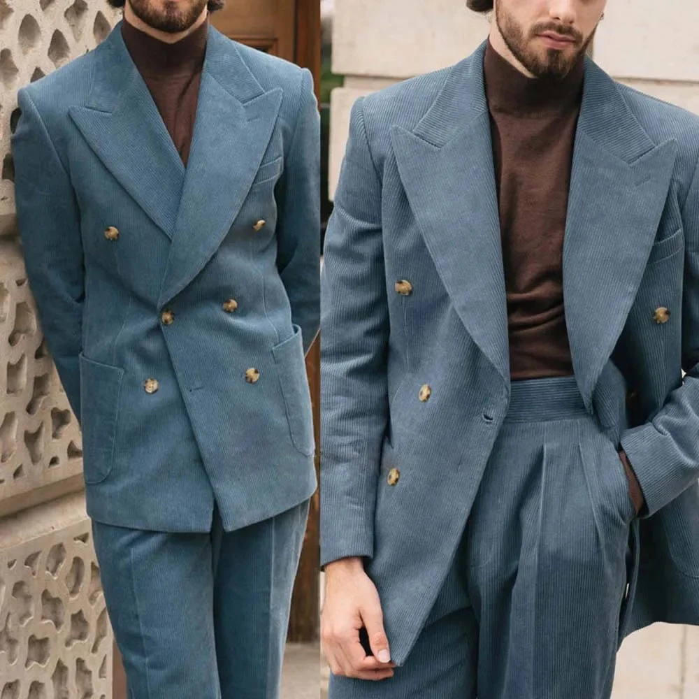 

Vintage Mens Suit Corduroy Large Collar 2 Pcs Set Jacket Suit Pants Business Leisure Blazers Pants Suit Custom