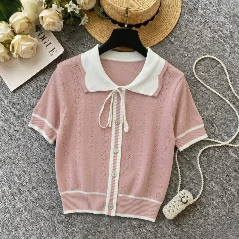 Women Knit Pullover 2026 Doll Collar Tie Front Color Block Striped Short Sleeve Sweater Casual Elegant Korean Style Top Summer