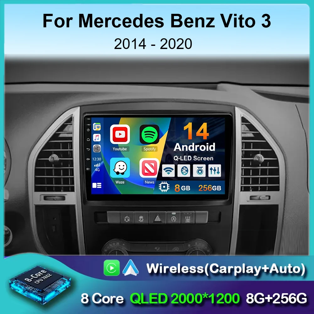 

Автомагнитола Carplay на Android 14 для Mercedes Benz Vito 3 W447 2014-2020, мультимедийный видеоплеер с навигацией, стерео головное устройство BT