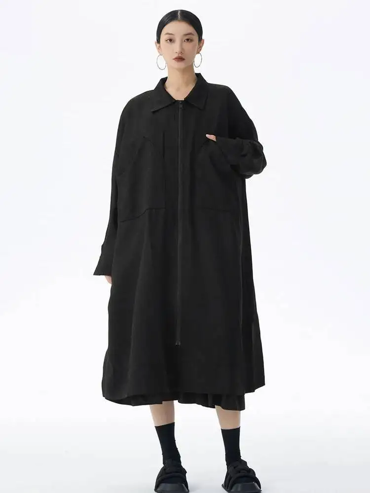 

Women Black Brief Pocket Big Size Long Trench New Lapel Long Sleeve Windbreaker Fashion Tide Spring Autumn