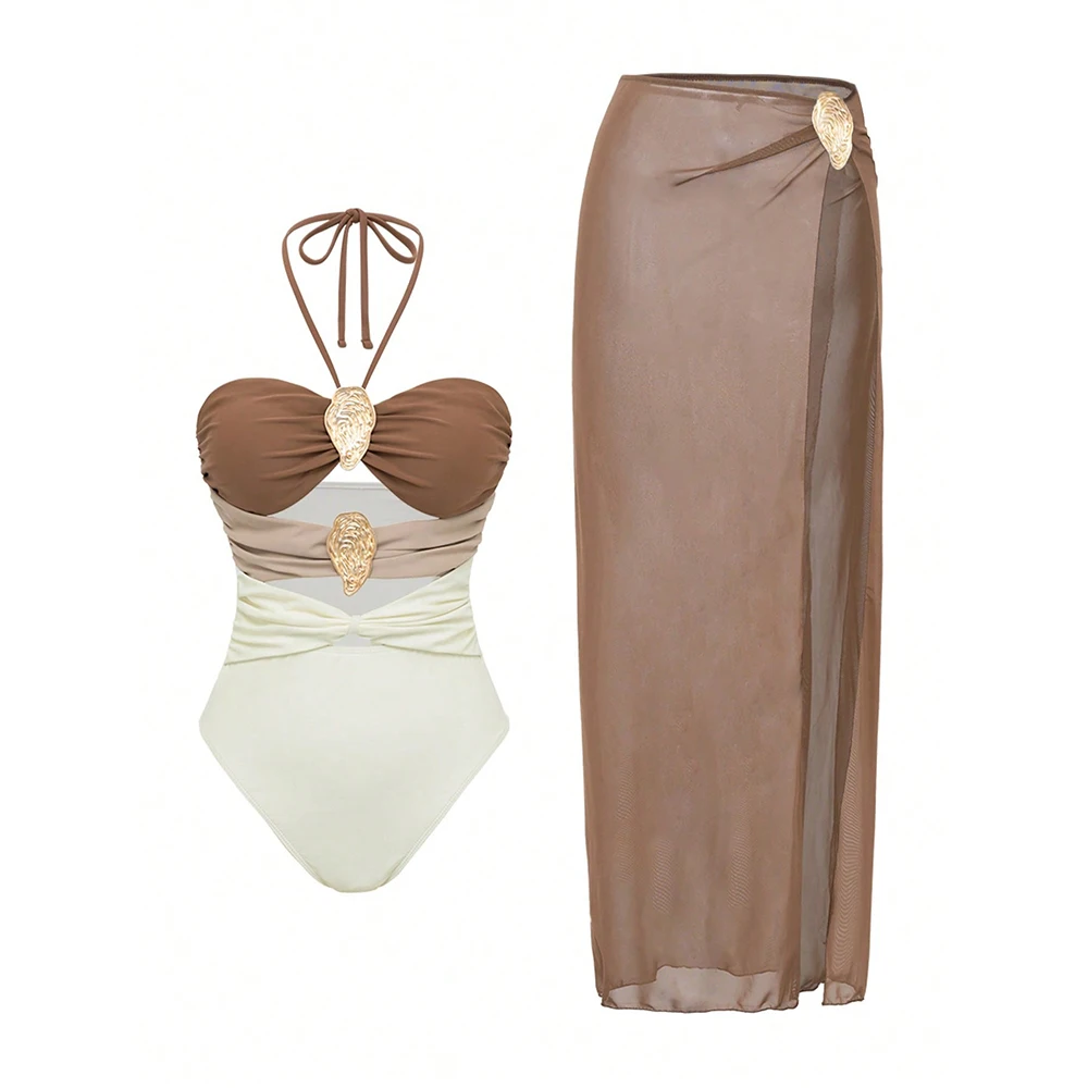

2025 Vintage Brown Patchwork Metal Studs One-Piece Swimsuit Bathing Suit Women Sexy Swimwear Bodysuit Beachwear