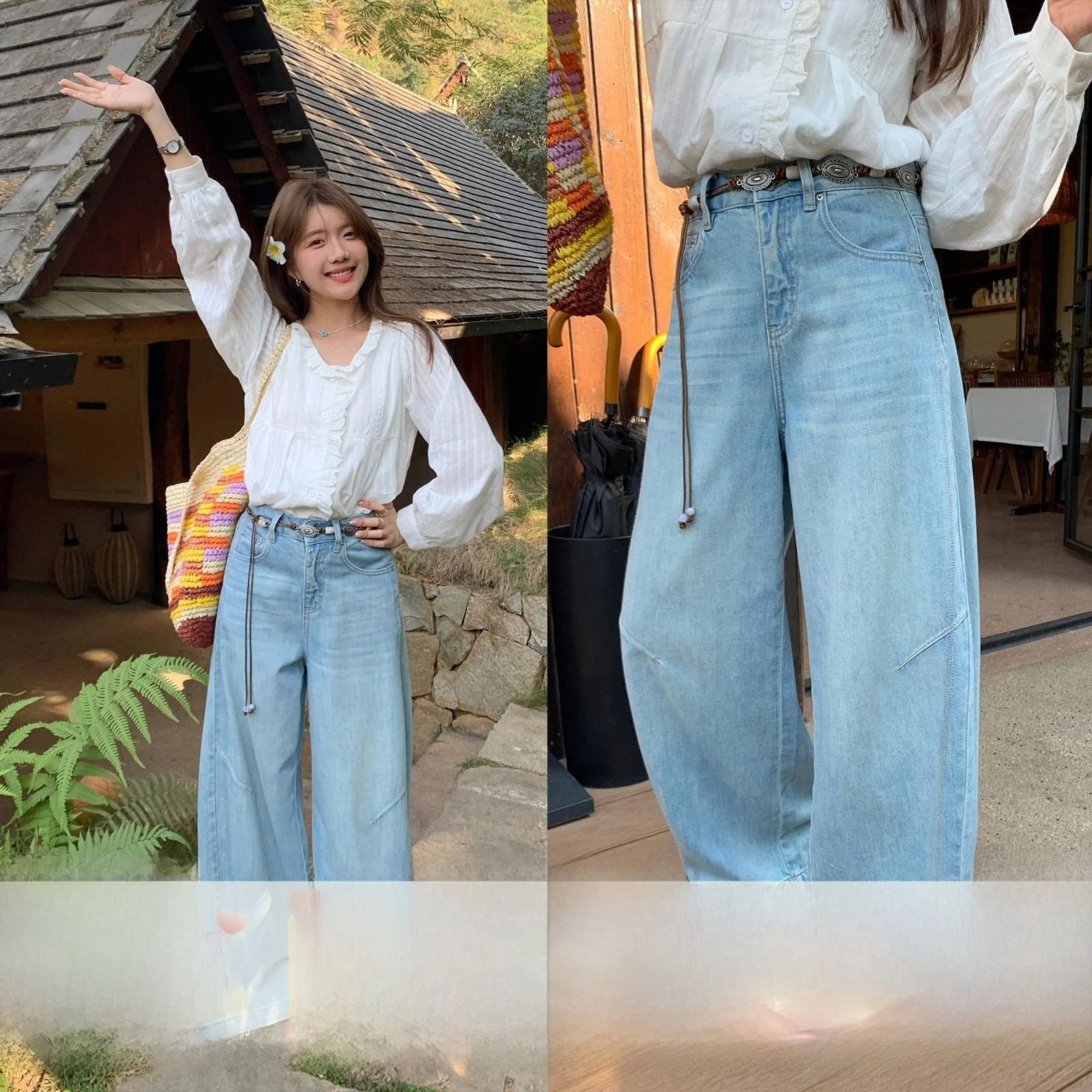 

Sisilyon Denim Player Spring Summer Vintage Faded Knife Wide Leg Jeans Women's Small Size Slimming High Waist Cotton Ble...