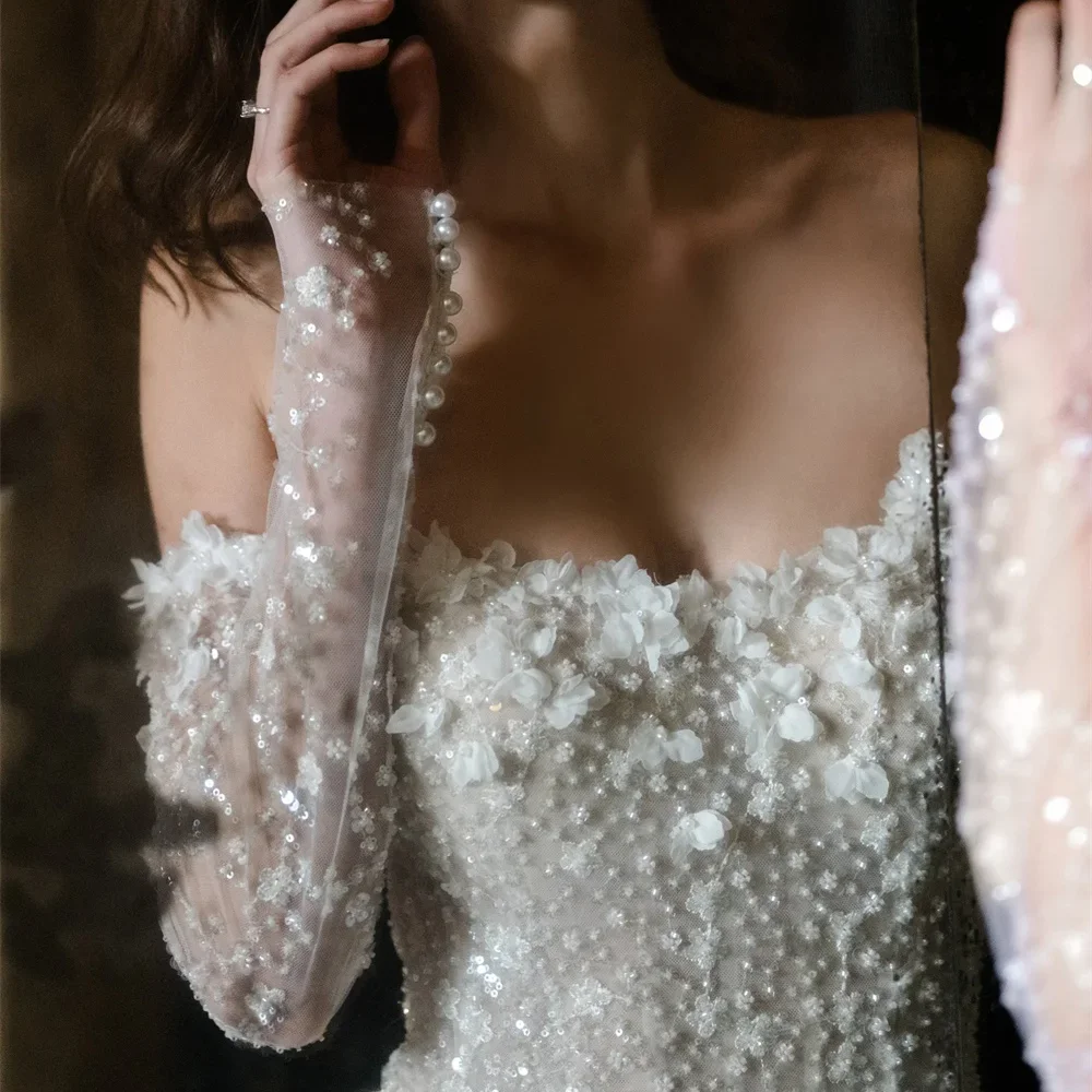 Classic Tulle Appliquins Off Shouler Flroal Straight Bride Wedding Dress Bridal Gowns Customized