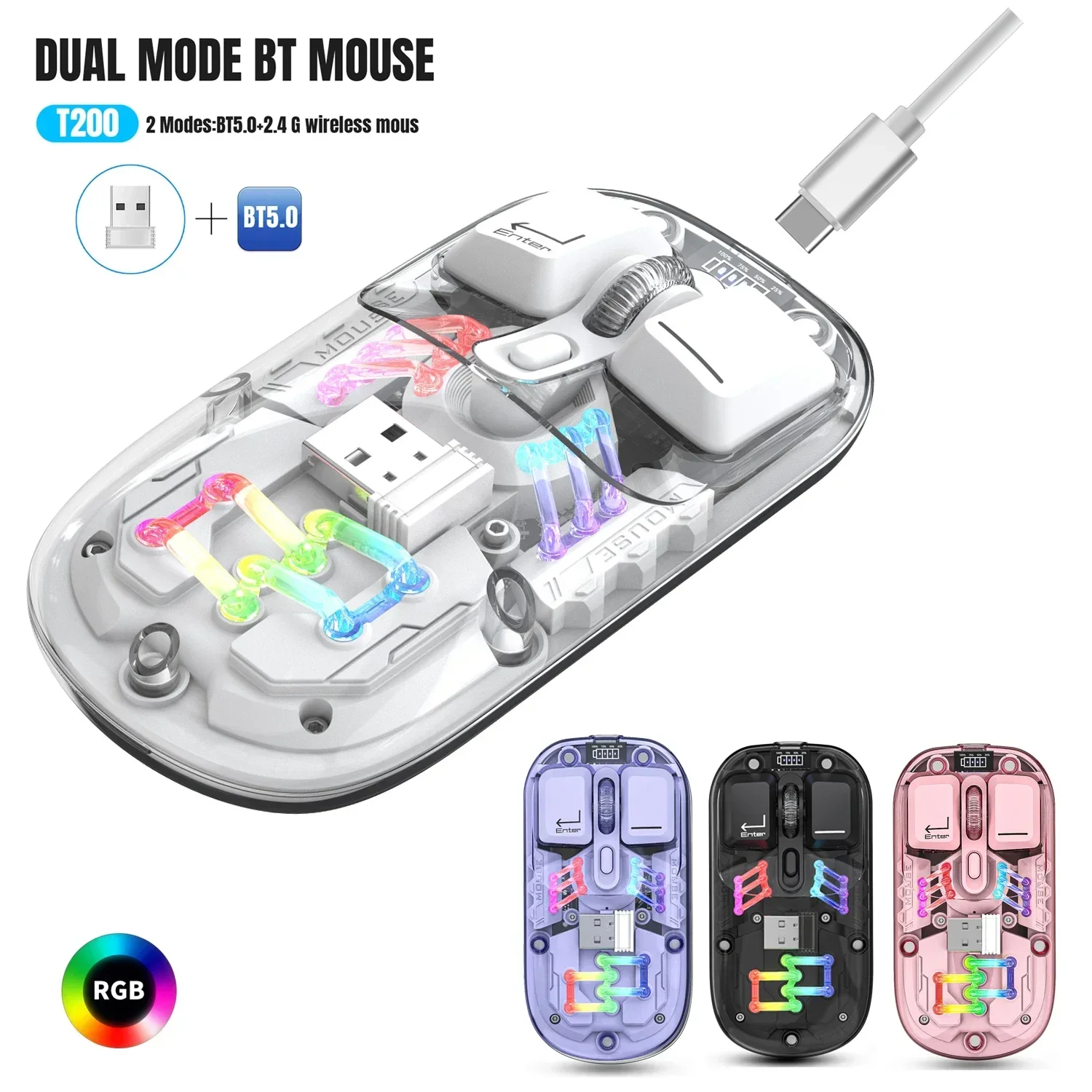 Mouse da ufficio con batteria retroilluminata YP RGB per PC e notebook Eed T200 Mouse wireless dual-mode trasparente integrato al litio 400 mAh