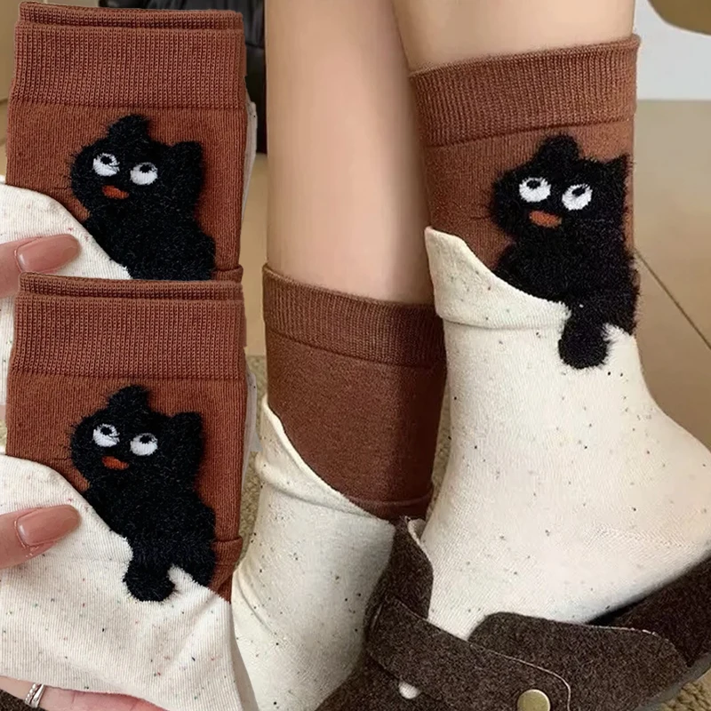 

Fashionable Cartoon Printed Kitten Knee-high Socks for Autumn Winter Soft Comfortable Warm Cotton Socks for Women Stockings