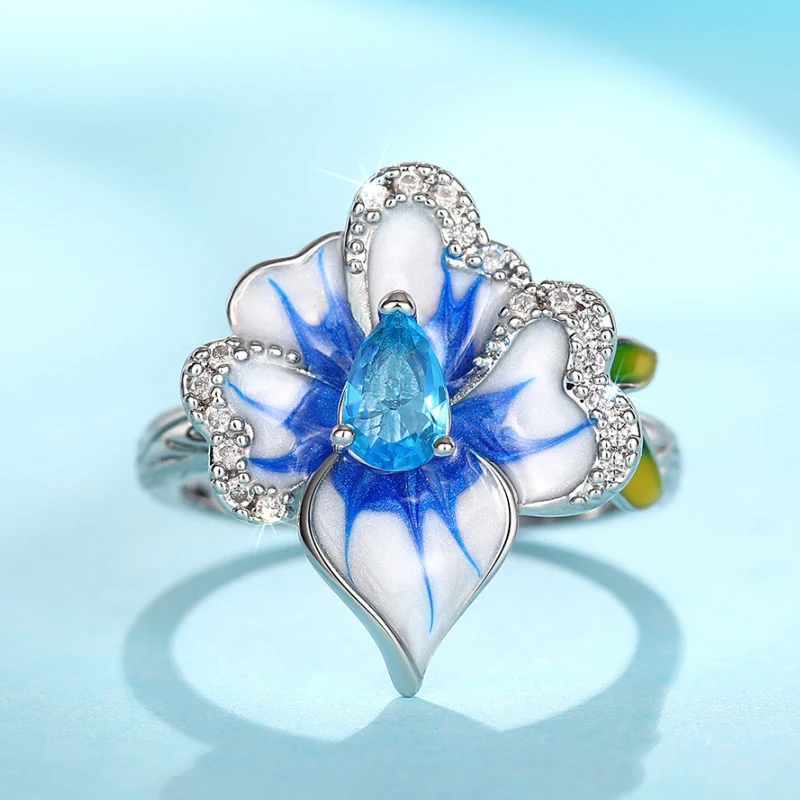 Huitan, diseño único de flor azul esmaltado, anillos para mujer, pera, cielo azul, CZ, anillos estéticos para mujer, joyería elegante para fiesta de boda para mujer