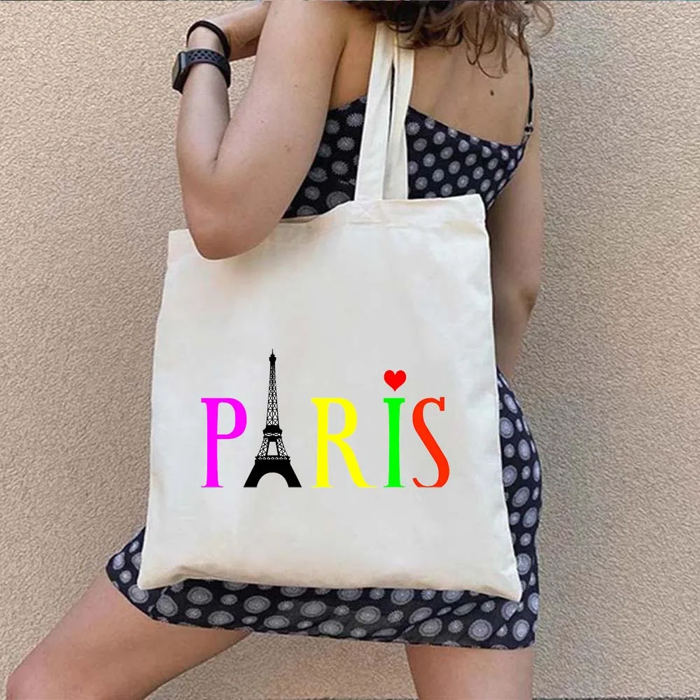 Vintage Paris Eiffel Tower Love Heart Cafe Souvenir France Skyline Silhouette Letter Shopper Harajuku Canvas Totes Bags Handbags