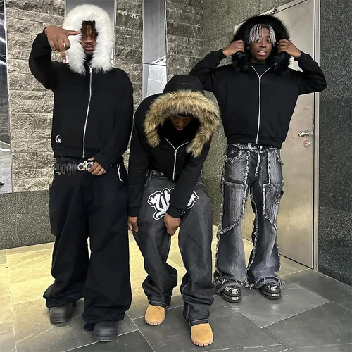 Imagen 2 del producto 2025 Otoño/Invierno nuevas sudaderas Y2k Harajuku cuello de piel Artificial Sudadera con capucha ropa patrón Hip Hop Punk gótico cremallera Sudadera con capucha