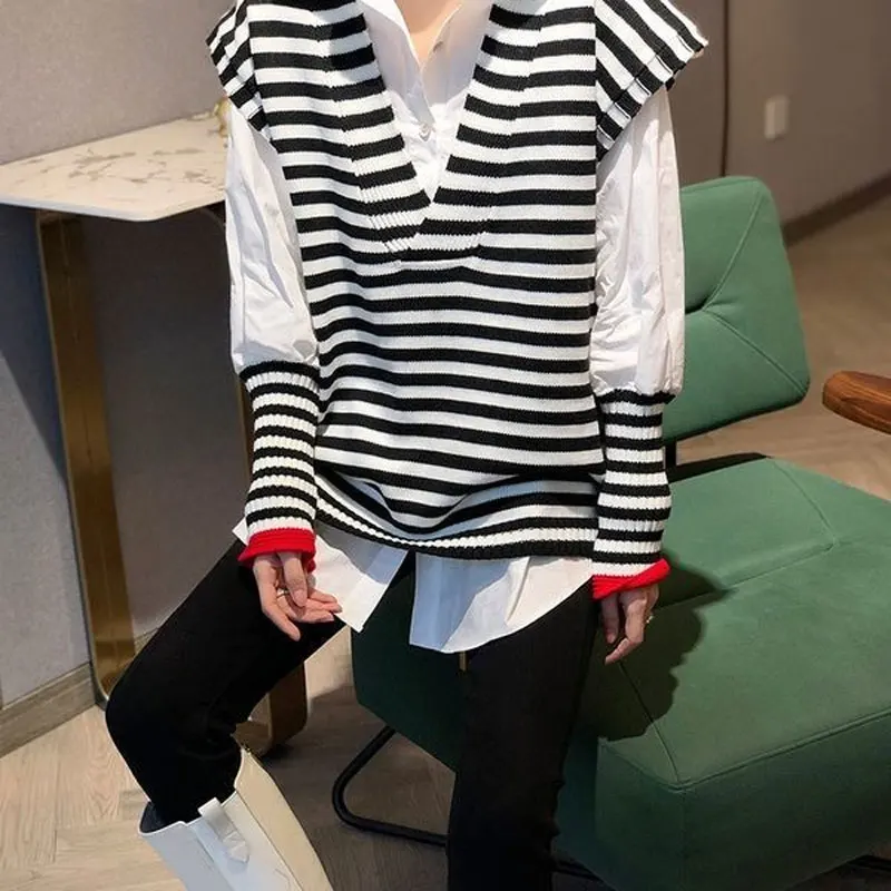 Female Casual Striped Patchwork Blouse Fashion V-Neck Knitted Vest Two Piece Set Korean Loose Single-breasted Polo-Neck Shirt