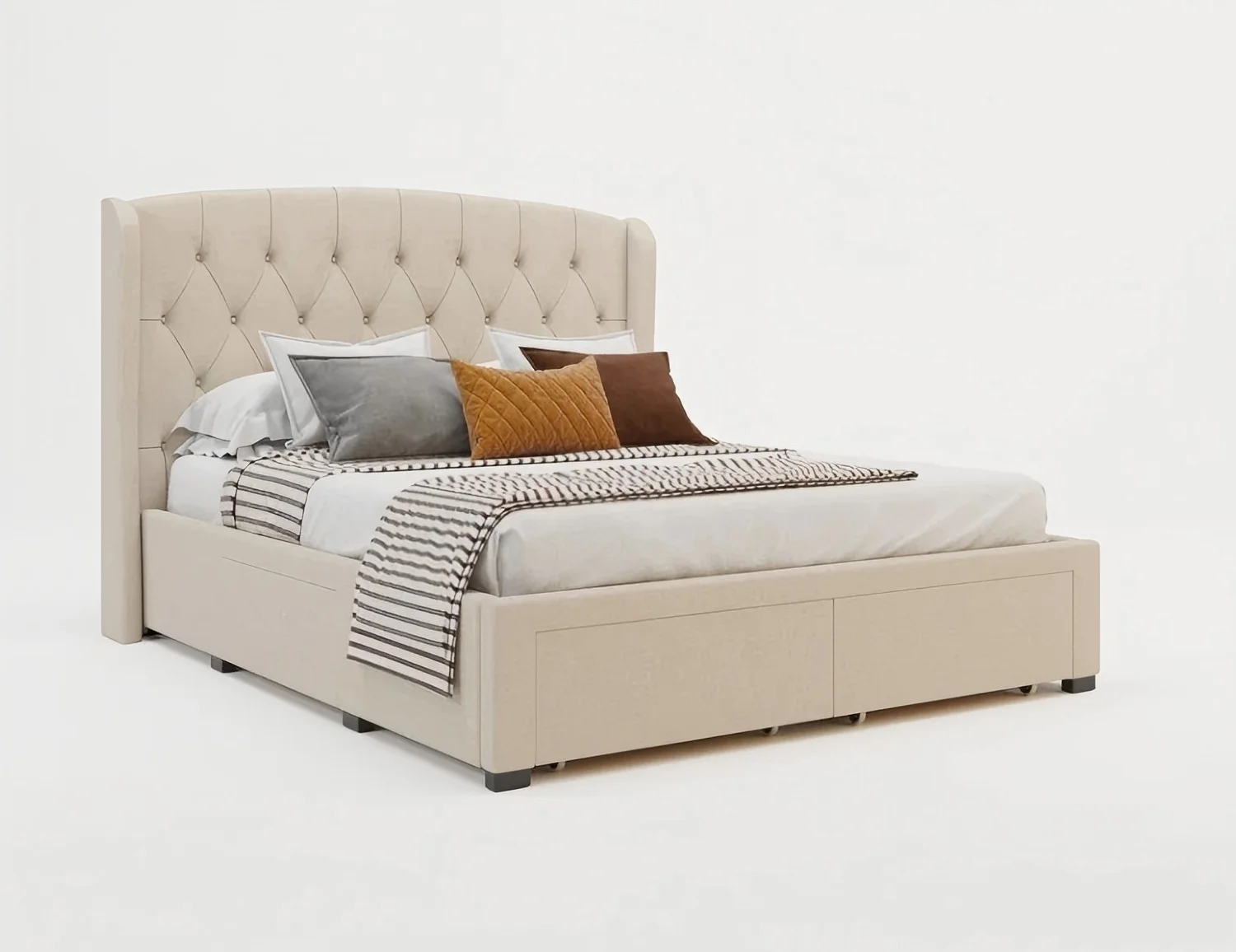 ^Luxury Modern Soft Wood Frame Bed with Royal Headboard Button Tufting and Wings King Size Box Spring with Four Drawers