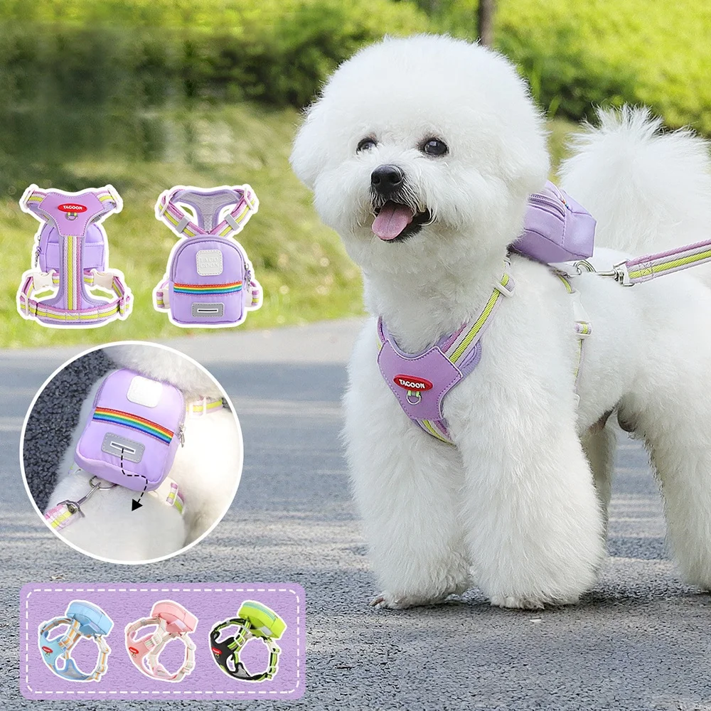 

Rainbow Reflective Dog Harness with Leash – Hands-Free Backpack & Adjustable Pet Vest for Walking Lightweight Backpack Easy